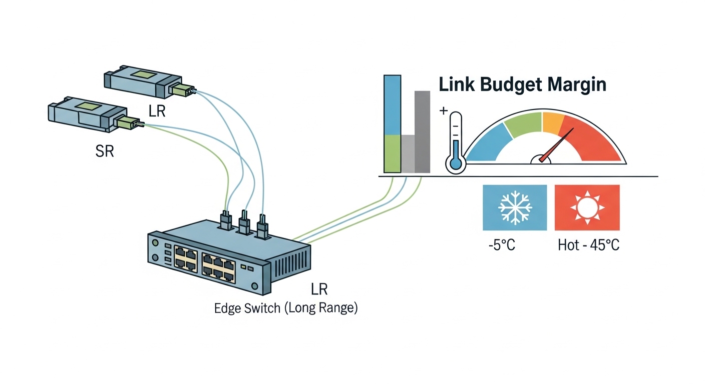 Clean vector illustration of a fiber network design diagram, showing a small edge switch connected via LC patch cords to two 