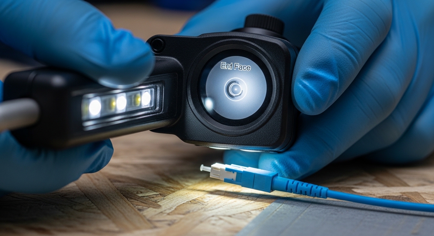 Photorealistic close-up of an LC fiber connector end face inspection under a handheld microscope, with a technician wearing g