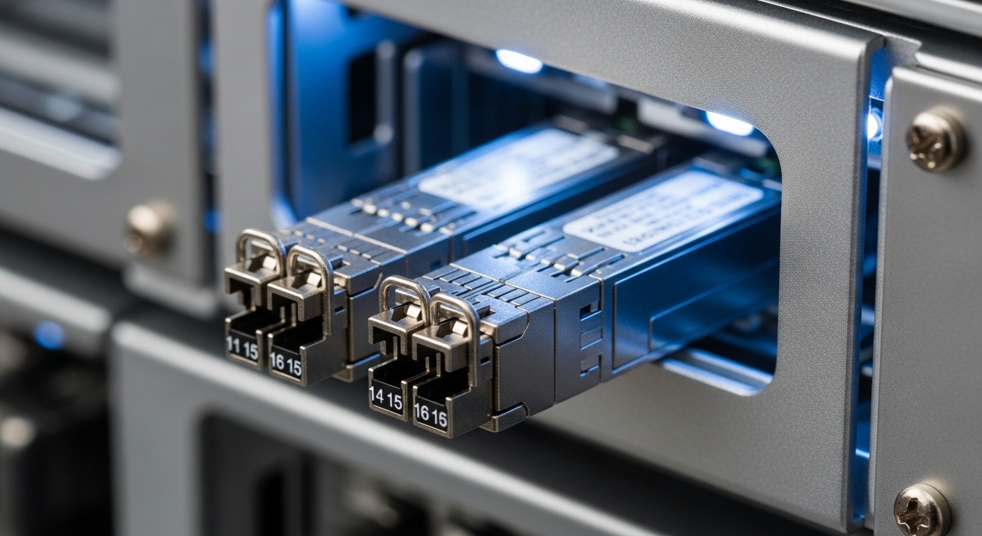 A high-resolution photography scene of a fiber optic transceiver cage on a rack, close-up of two QSFP-DD modules with MPO/MTP