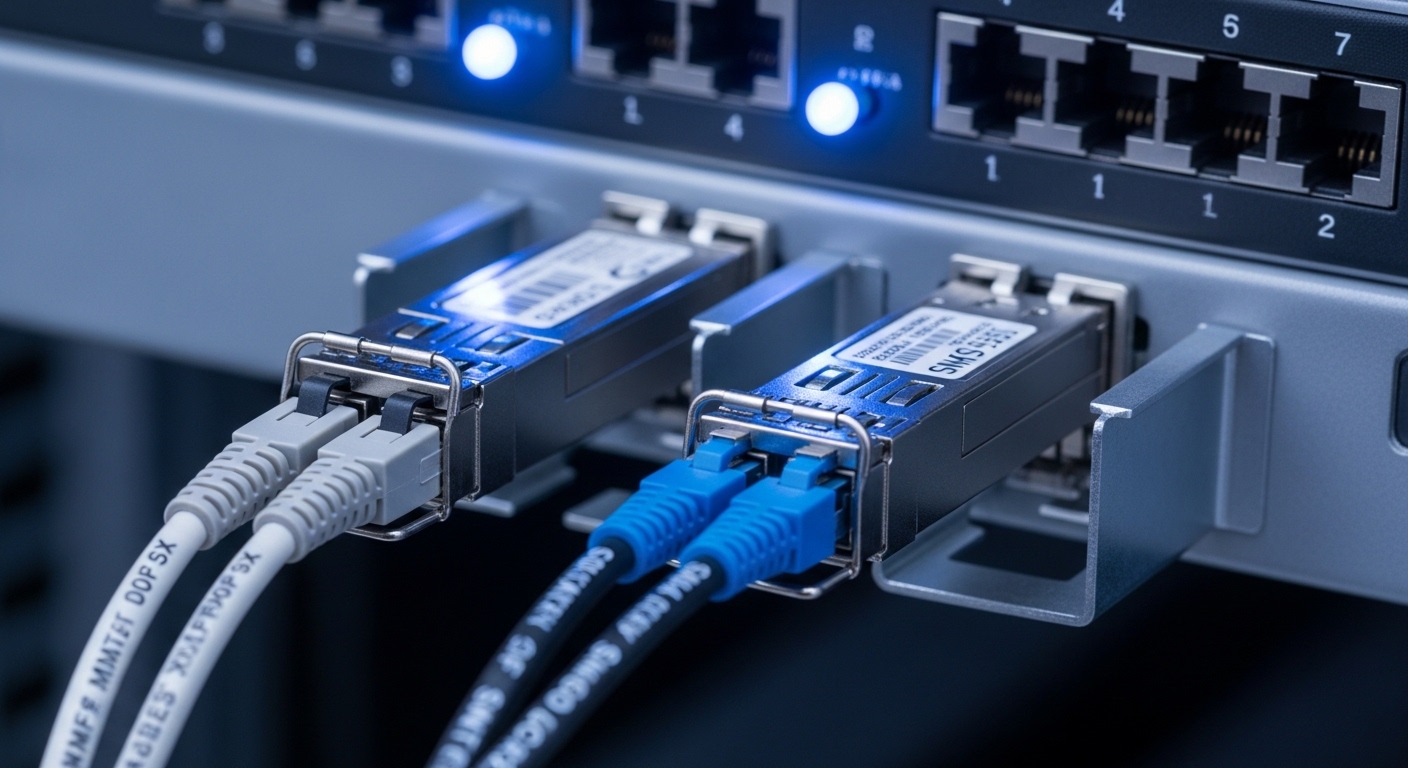A realistic data center rack interior at blue hour, close-up photography of two different transceiver modules seated in adjac