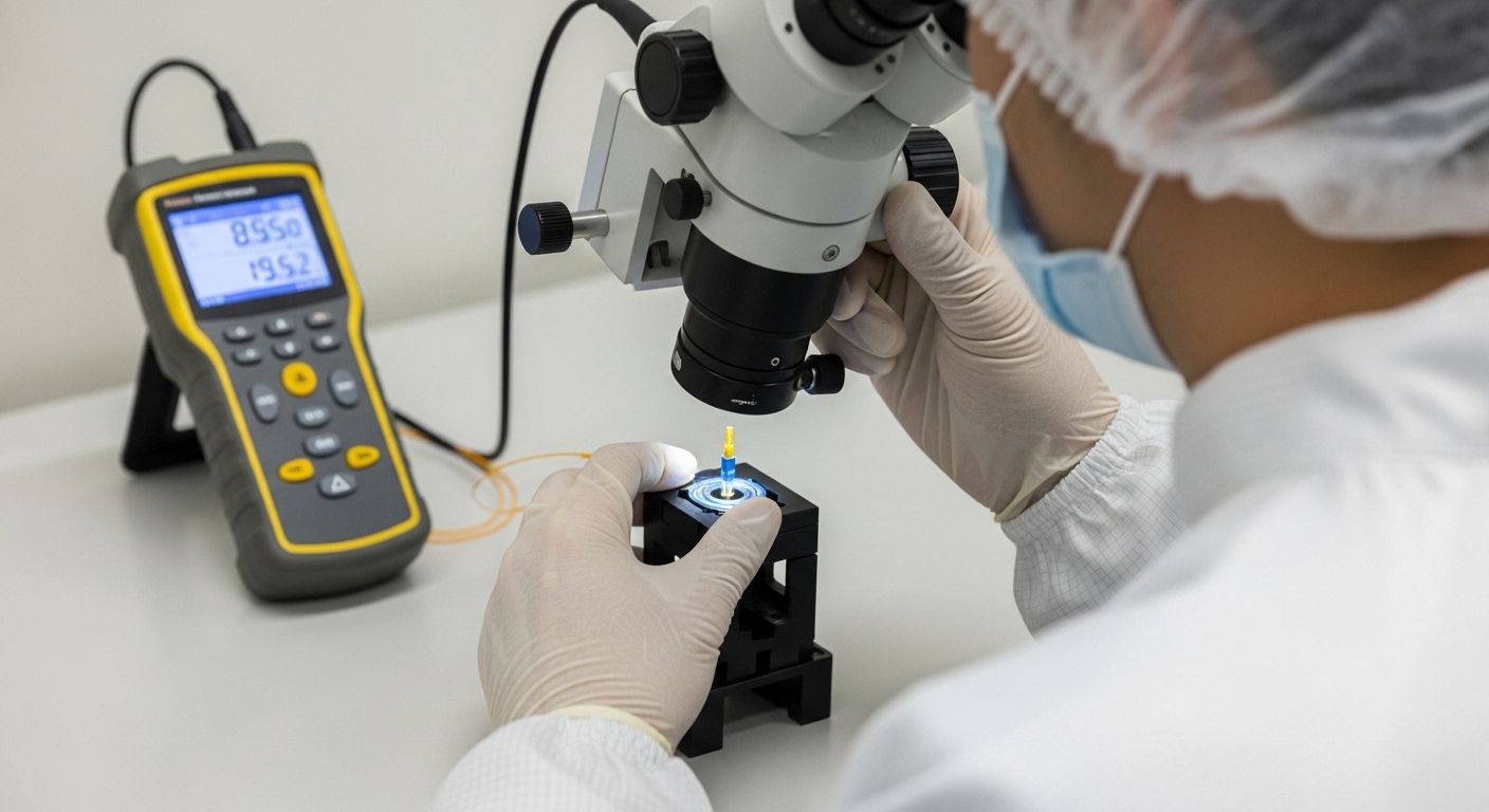 Close-up photography of a field technician in a clean-room style setting holding a fiber inspection microscope over an LC con