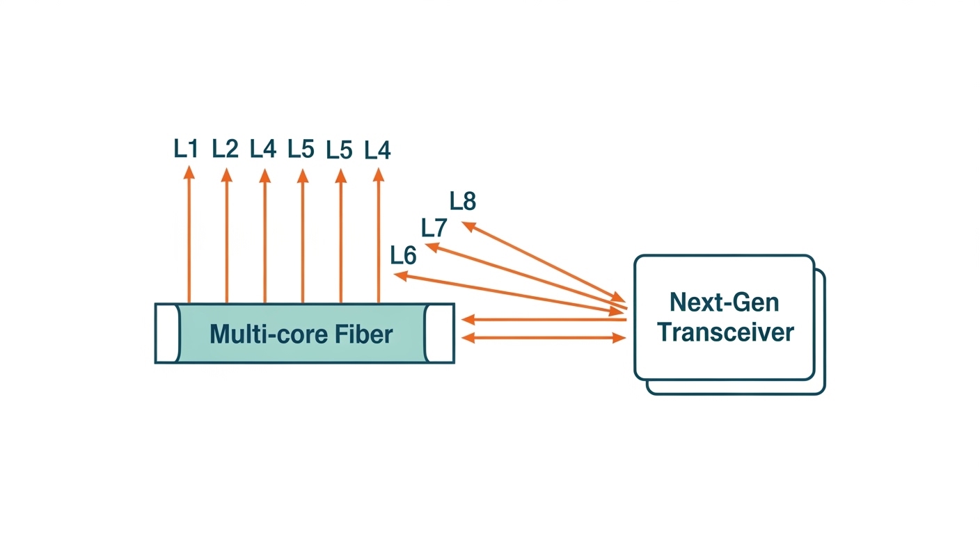 Clean vector illustration showing an SDM optical system diagram with multiple spatial lanes entering a multi-core fiber, each
