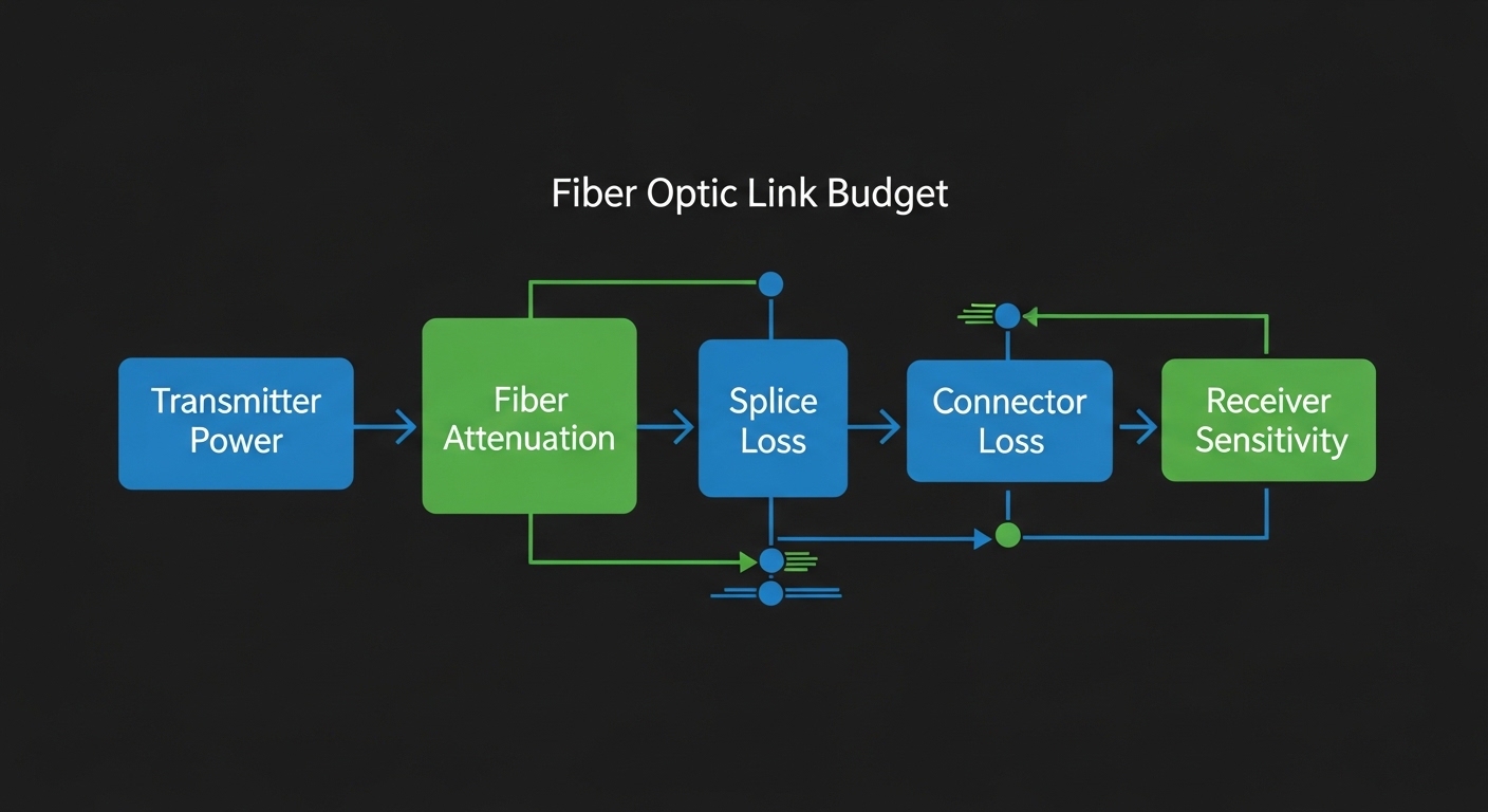 Clean concept illustration showing a fiber link budget diagram with labeled blocks for transmitter power, fiber attenuation, 