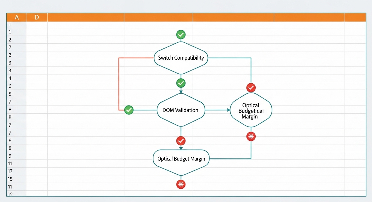Clean vector-style illustration of a spreadsheet-like decision flowchart labeled with checkmarks and risk icons, central diag