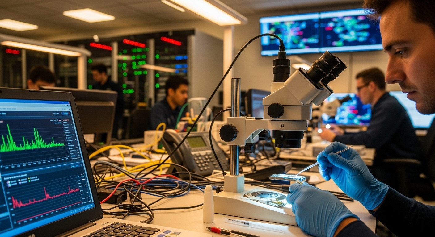 Realistic lifestyle scene inside a network operations center, engineer wearing ESD-safe gloves inspecting a transceiver under