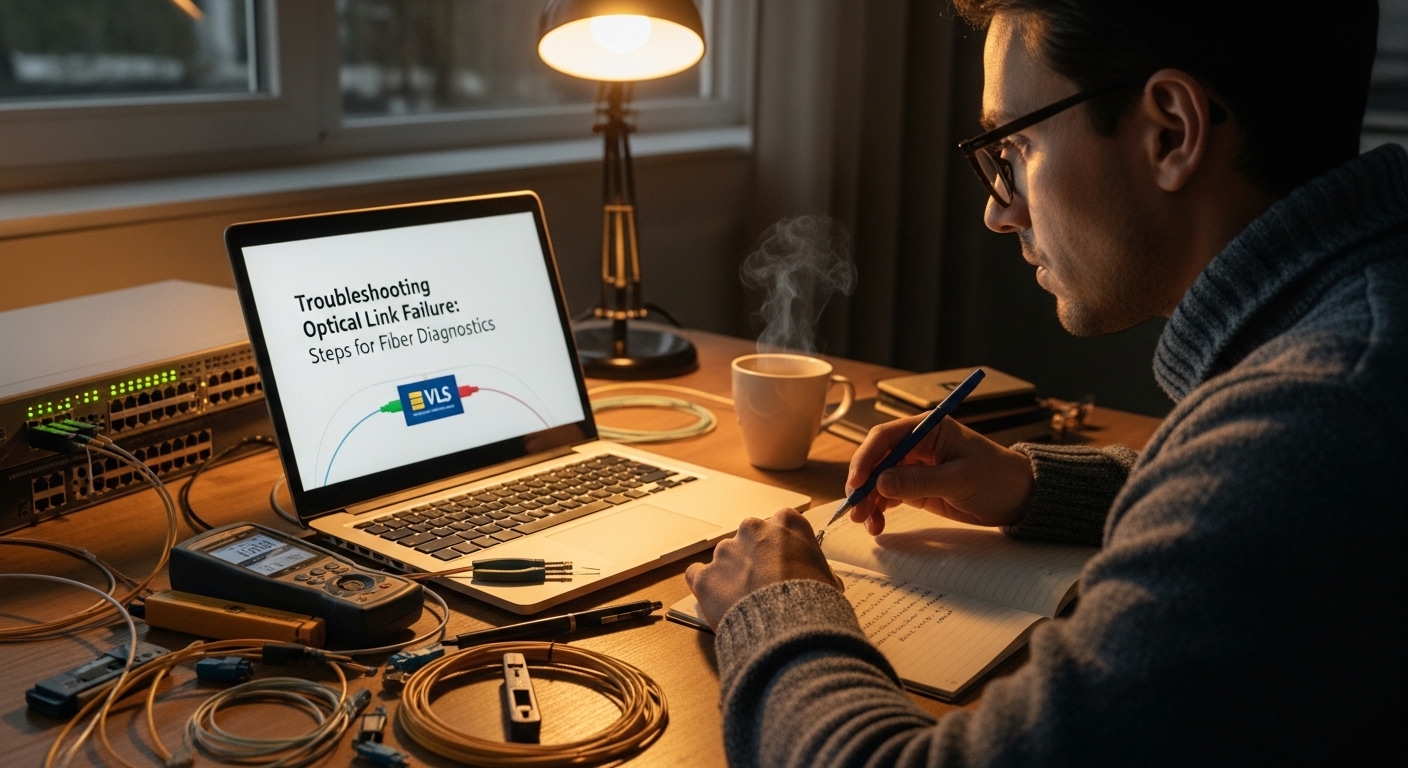 Lifestyle scene featuring link failure diagnostics, Troubleshooting Optical Link Failure: Steps for Fiber Diagnostics, warm a