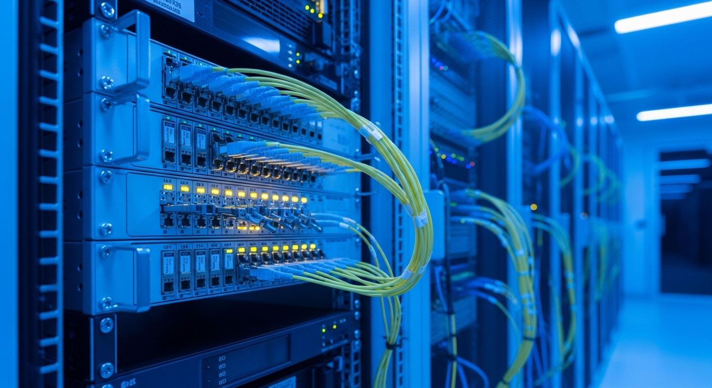 A photorealistic wide-angle photo of a modern data center aisle, showing a rack-mounted leaf-spine switch with visible optica