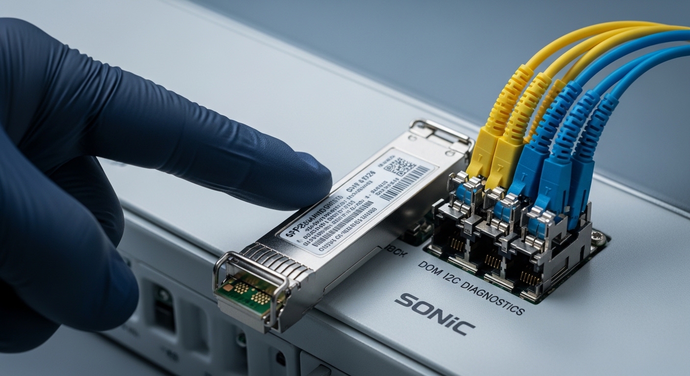 Close-up macro photography of a pluggable optical transceiver seated in an LC fiber cage on a SONiC switch faceplate, showing