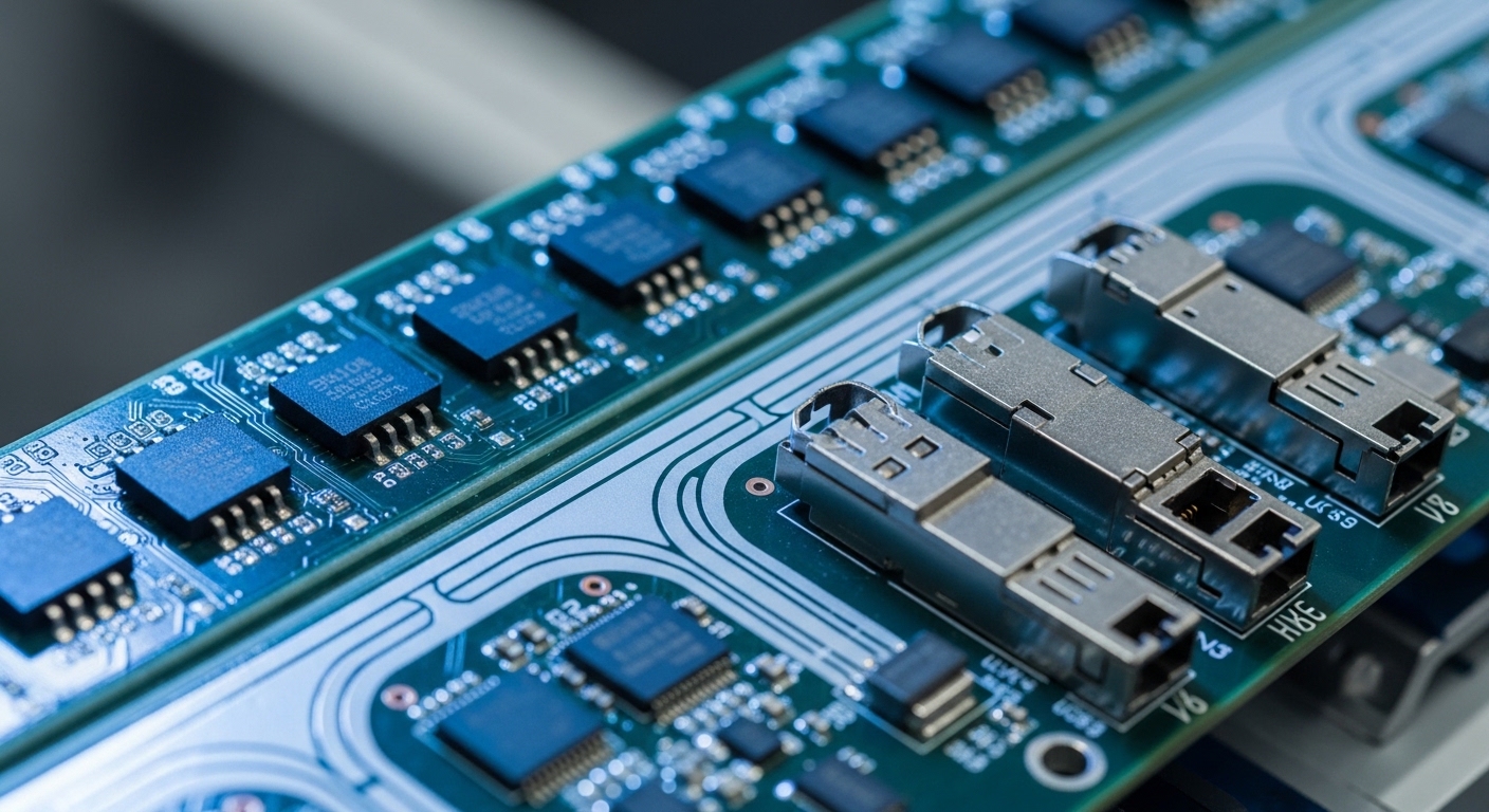 Close-up macro photography of a modern data center switch line card showing integrated optical engines on the PCB (no removab