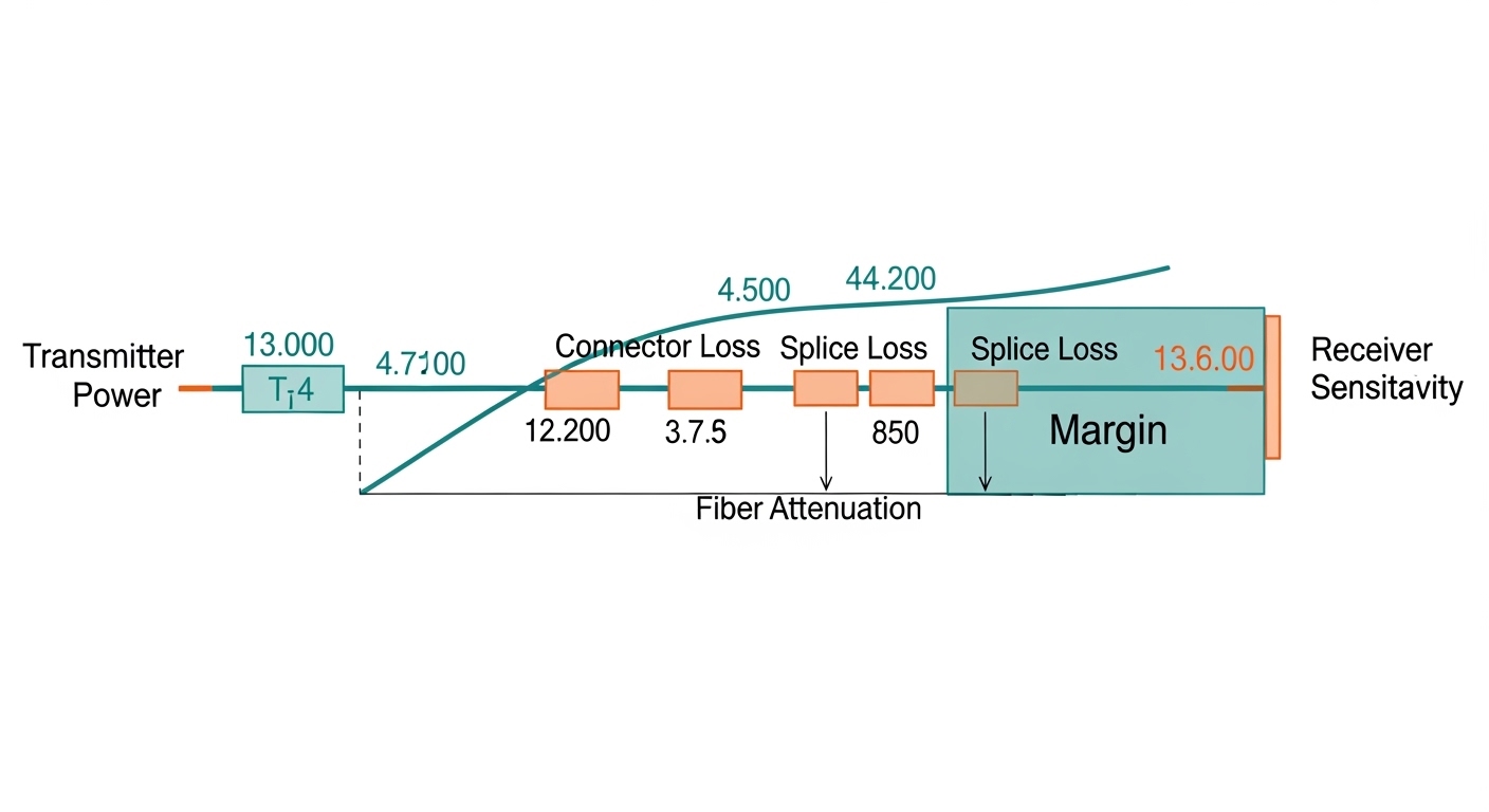 Clean engineering illustration of a fiber link budget diagram: transmitter power, receiver sensitivity, fiber attenuation cur
