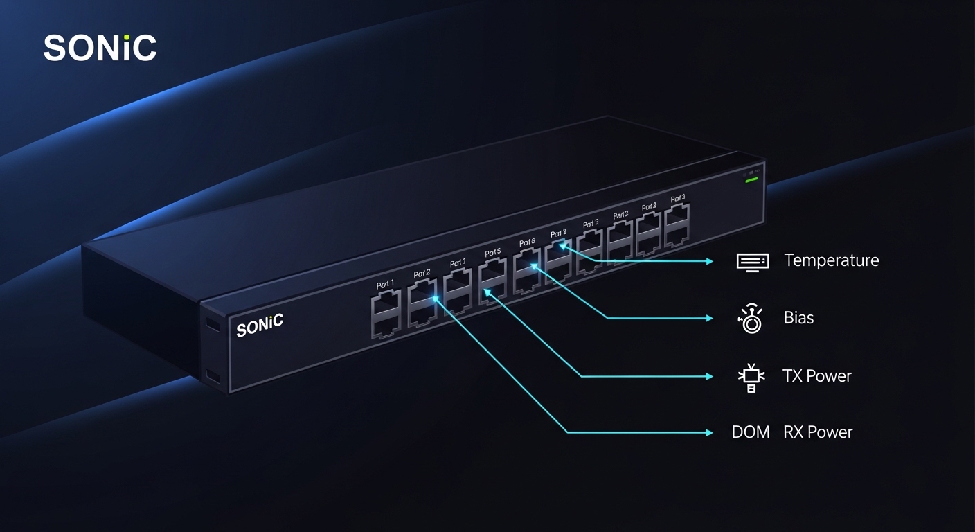 Vector illustration concept art showing a simplified SONiC switch with labeled port cages, arrows to DOM sensors (temperature