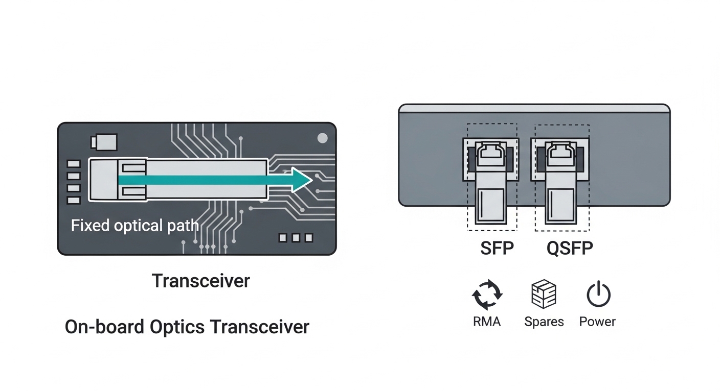 Clean vector-style illustration comparing two diagrams side-by-side: left shows an on-board optics transceiver integrated ont