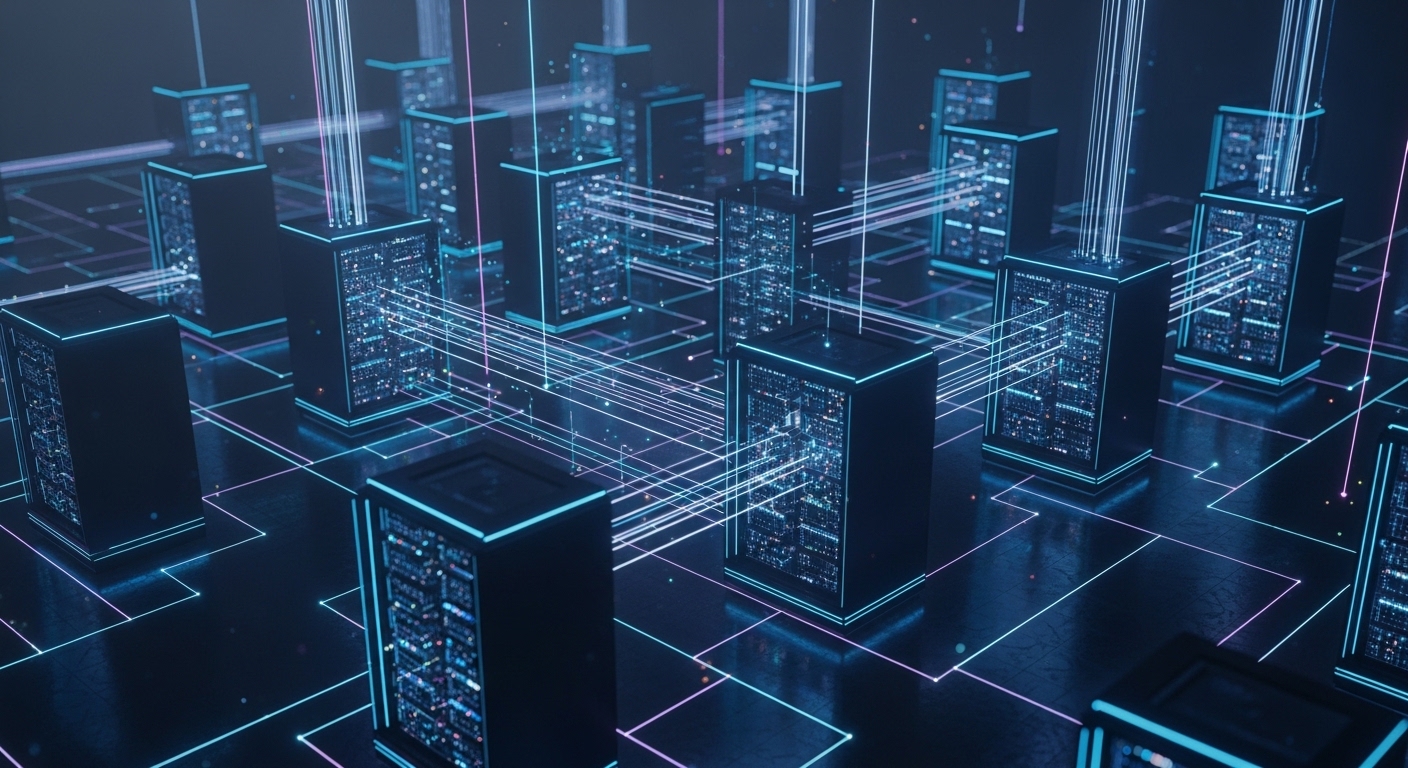 Concept art scene showing glowing network paths between AI server racks, with optical beams represented as thin light lines o