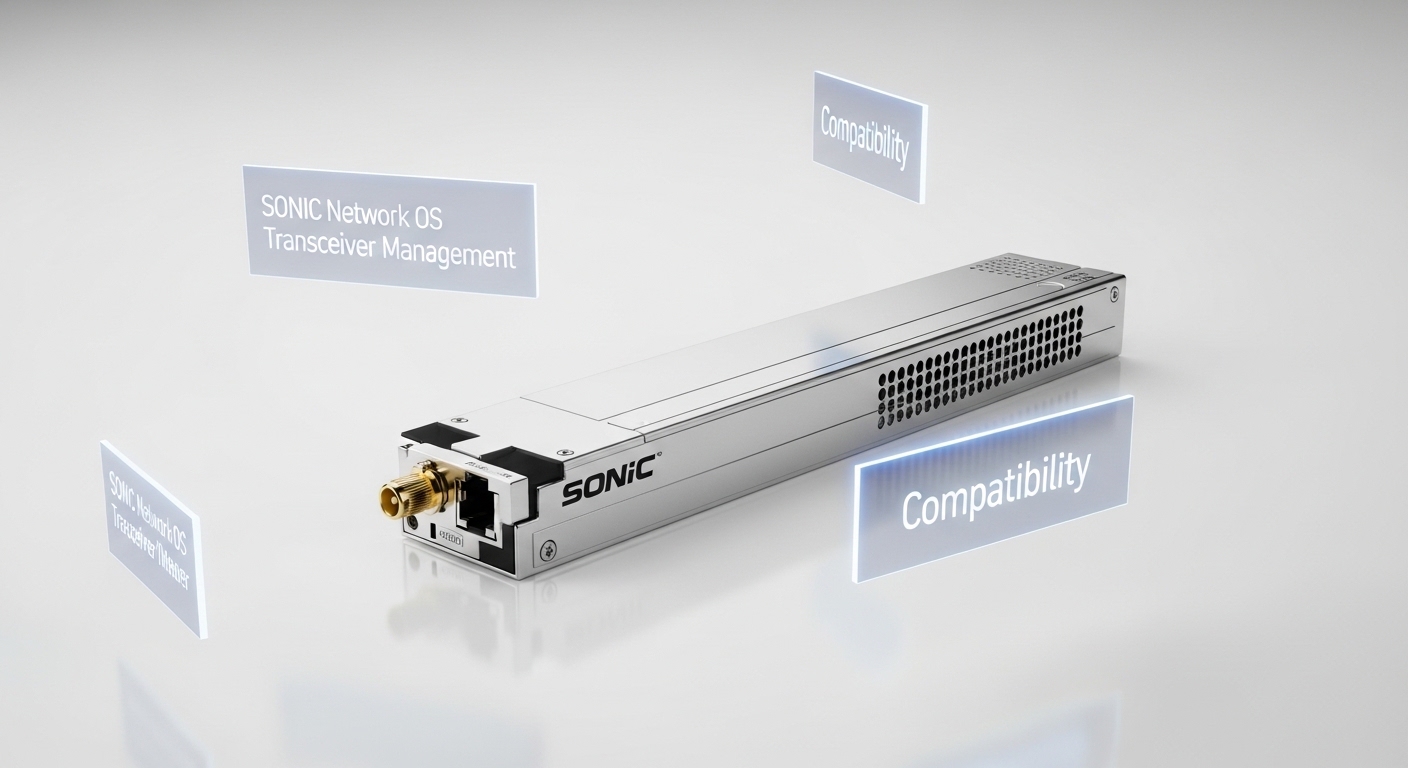 Professional product photography of SONiC transceiver, SONiC Network OS Transceiver Management and Compatibility, clean backg