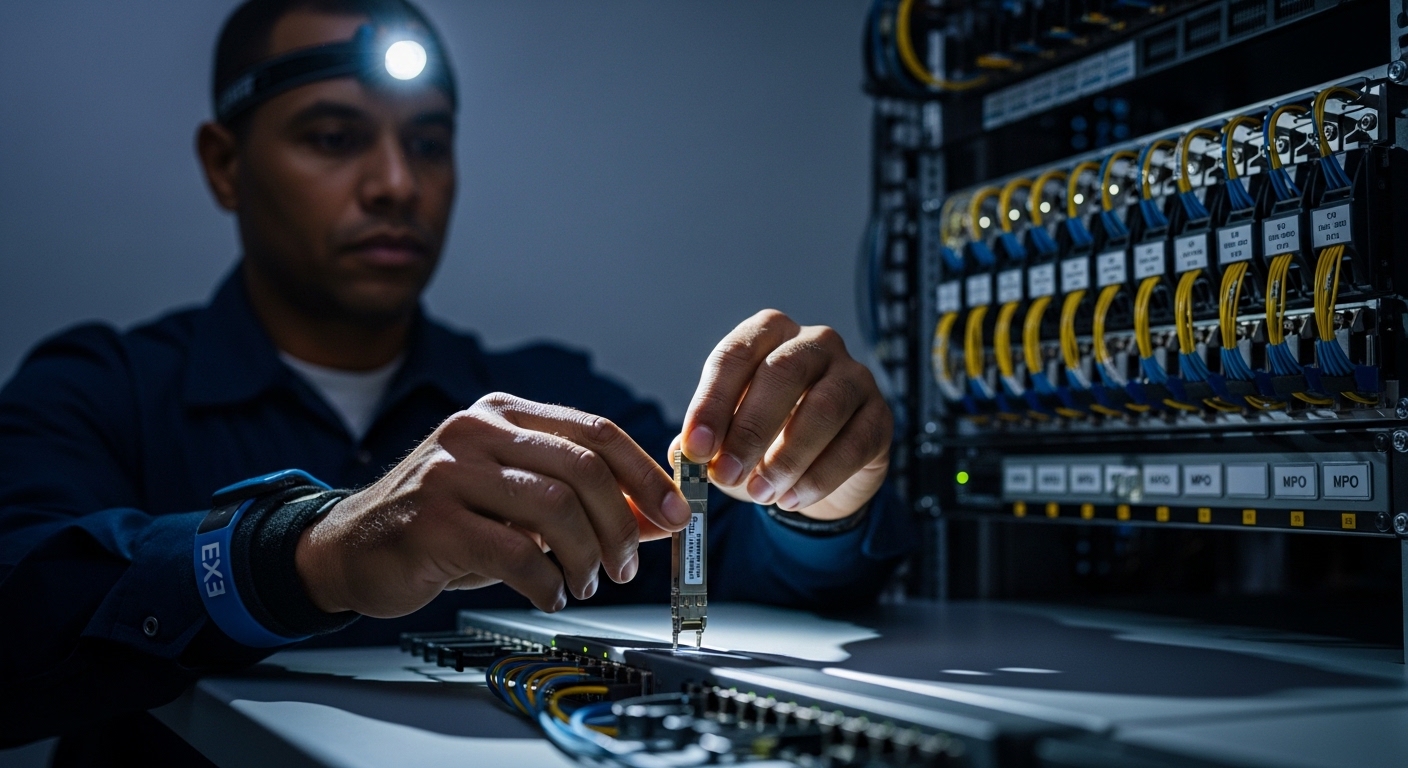 Realistic lifestyle scene inside a server room at dusk, a field engineer wearing ESD wrist strap and headlamp holds a QSFP28 