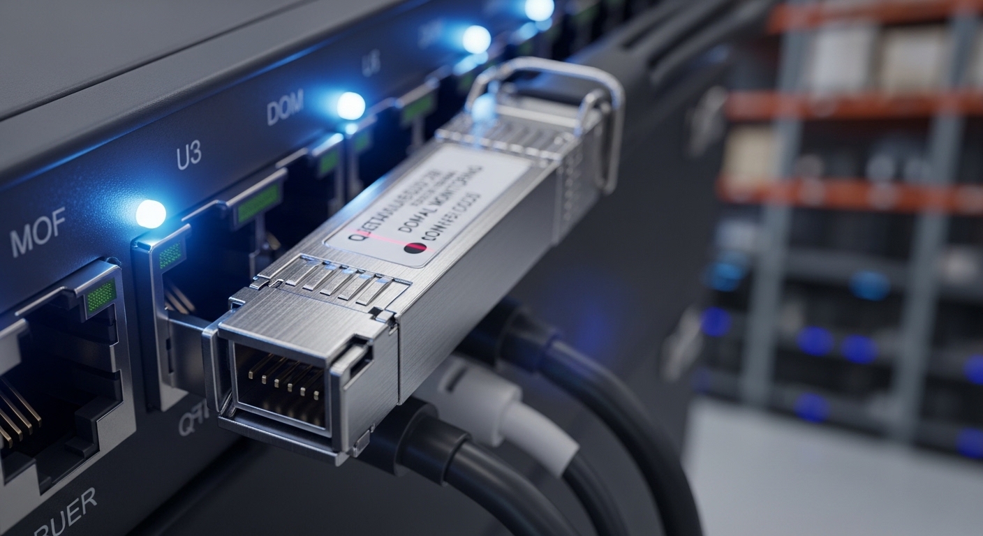 Macro photography style: a fiber optic transceiver module (SFP+ or QSFP28) inserted into a switch port, with the DOM pins and