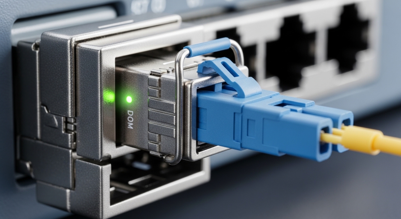 Close-up macro photography of an SFP+ transceiver seated in a metal switch port cage, with fiber LC connector attached, DOM s