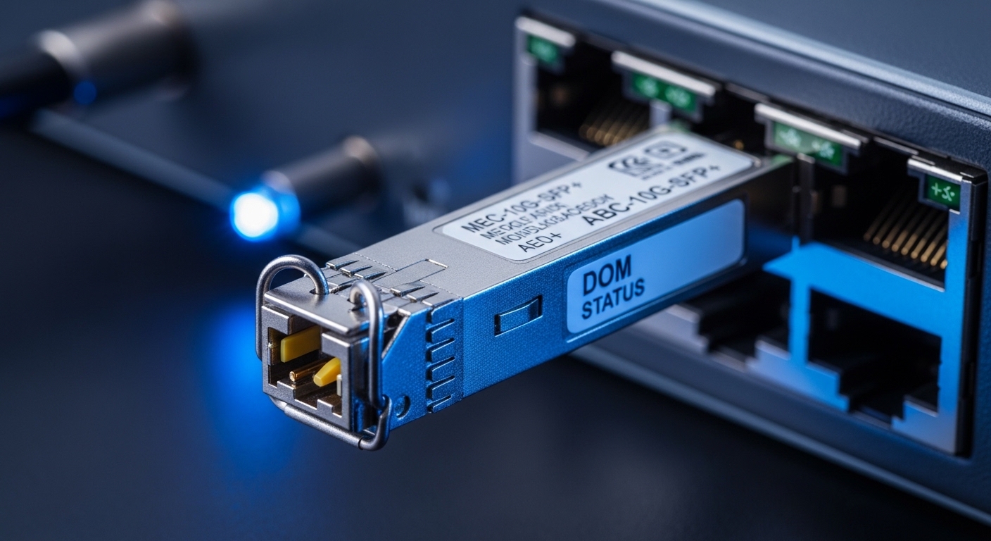 A realistic product photo in a dark lab setting of an enterprise 10G SFP+ transceiver module seated into a switch port, with 