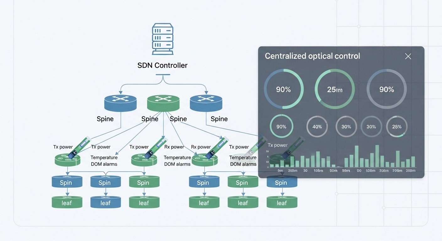 Clean vector illustration style: a network diagram showing an SDN controller connected to a leaf-spine topology, with transce
