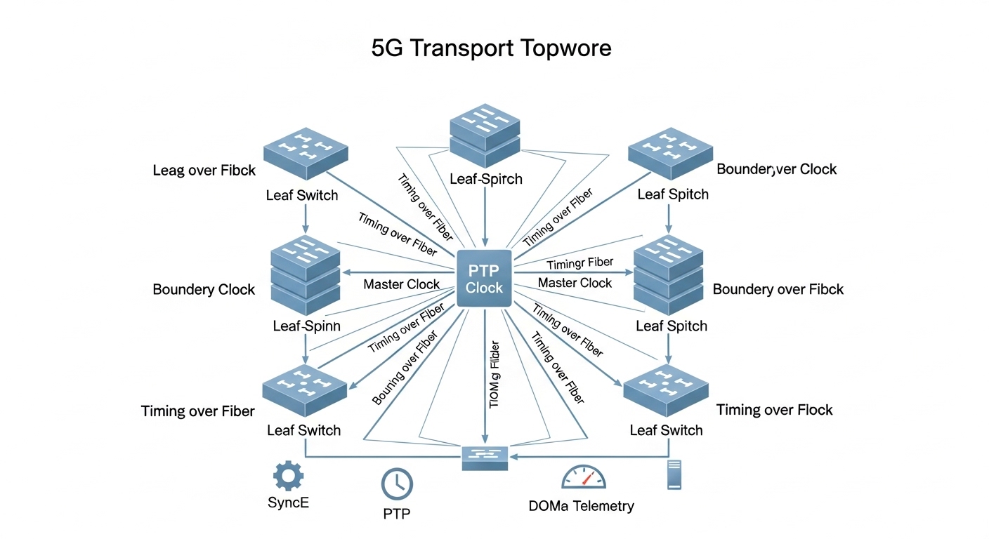 Illustrated network diagram in a clean vector style showing a 5G transport topology with leaf-spine switches, boundary clocks