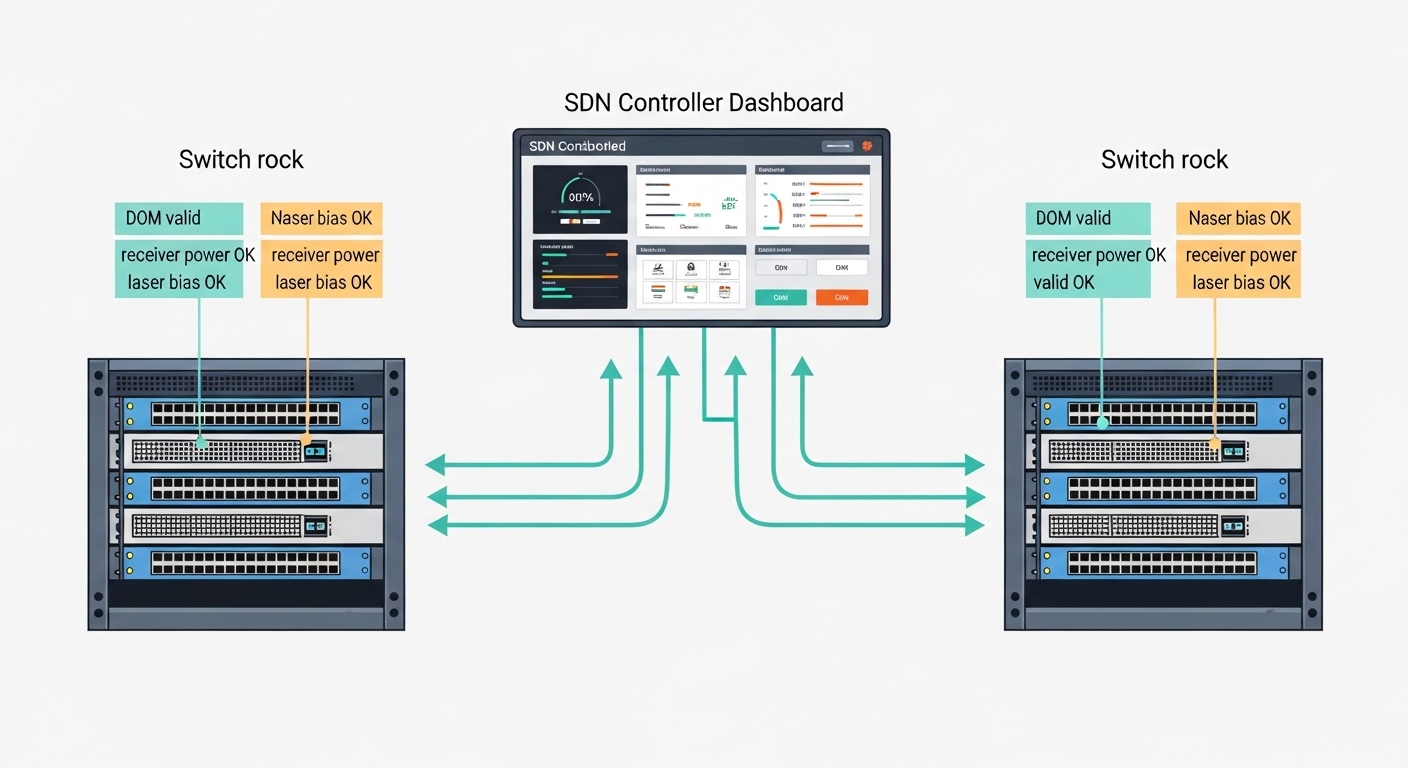 An infographic-style illustration showing a centralized SDN controller dashboard connected via arrows to two switch racks, wi