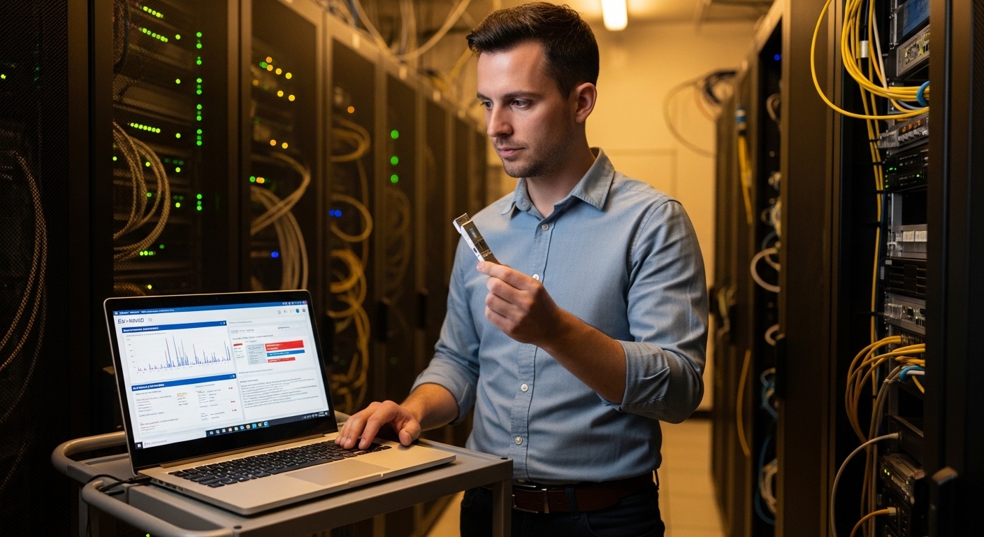 Lifestyle documentary style: an engineer in a server room holding a fiber optic transceiver while looking at a laptop dashboa