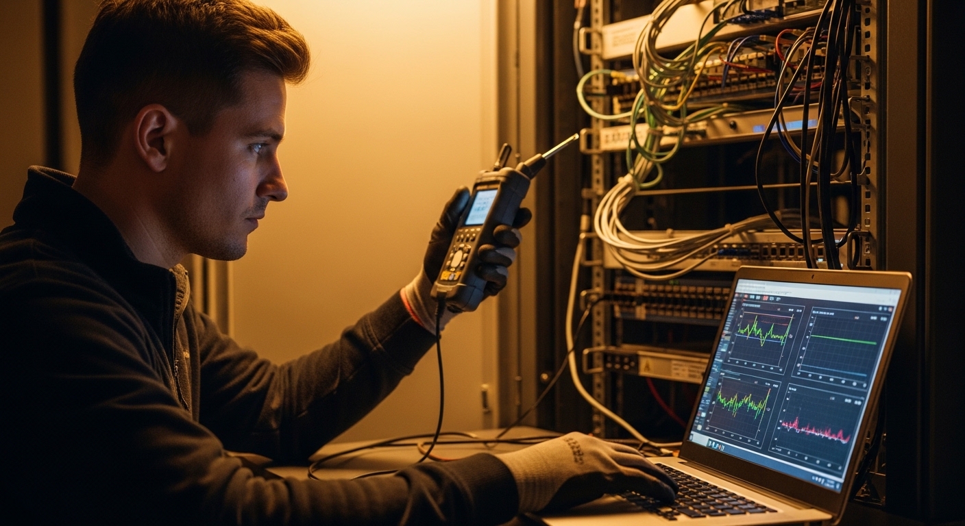 Photojournalistic lifestyle scene of a field engineer using a handheld optical power meter and laptop running PTP monitoring 
