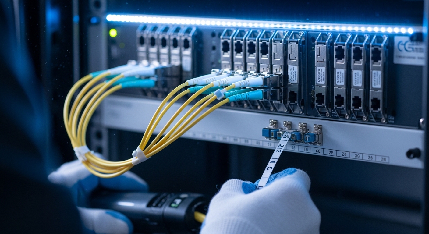 Close-up photography inside a telecom rack: hot-swappable SFP28 and QSFP28 transceivers seated in a high-density switch, fibe