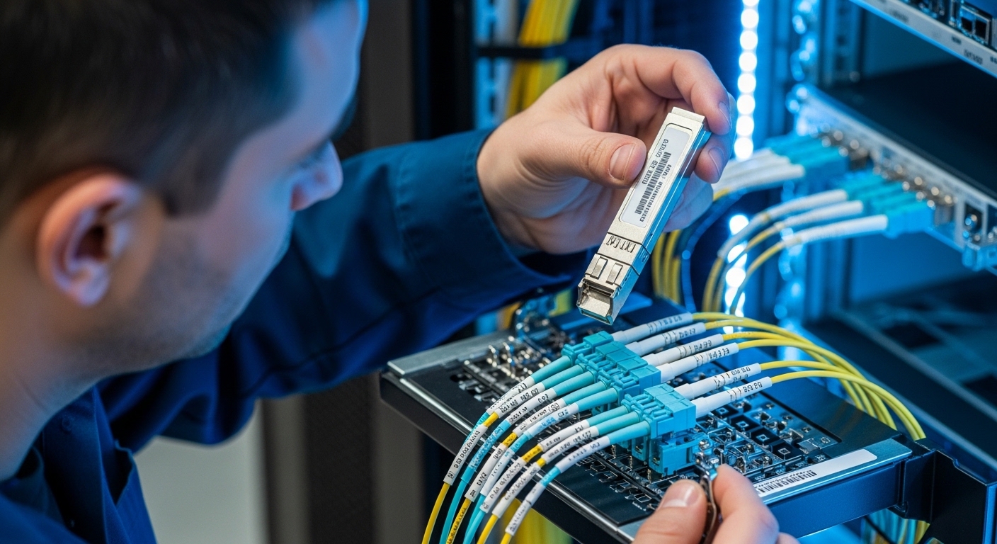 Photorealistic close-up of a technician in a telecom rack, holding a 25G SFP28 transceiver above an open patch panel; visible