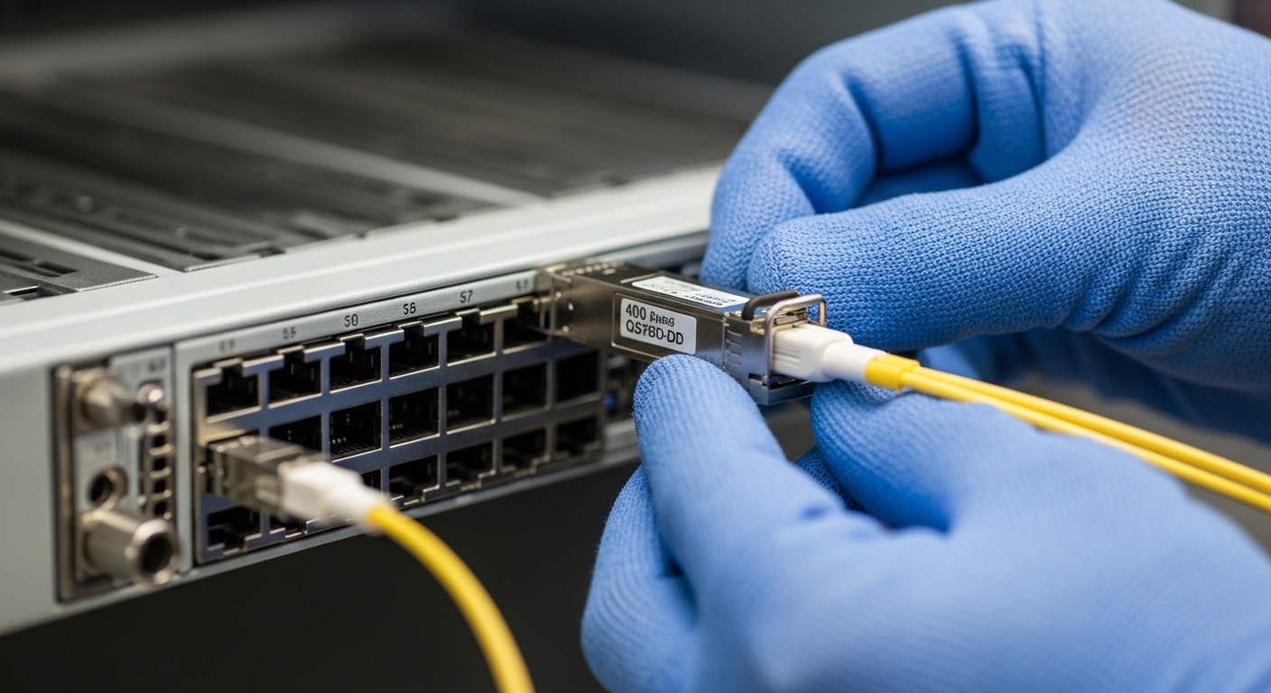 Photorealistic close-up of a technician’s gloved hands removing a 400G QSFP-DD transceiver from a server switch, with a fiber