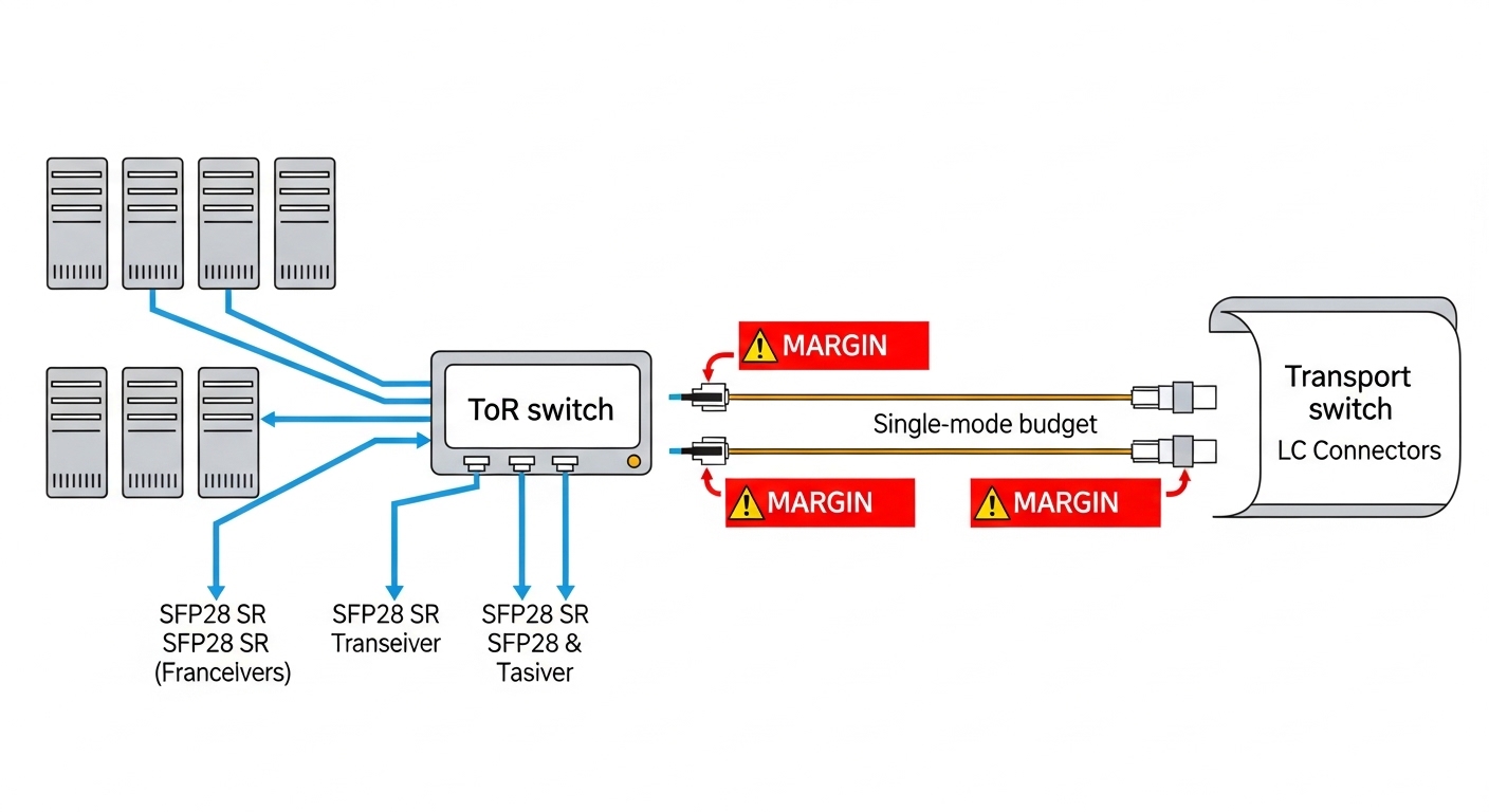 Illustration style diagram showing a network edge node: servers connected to a ToR switch via SFP28 SR, uplink to a transport
