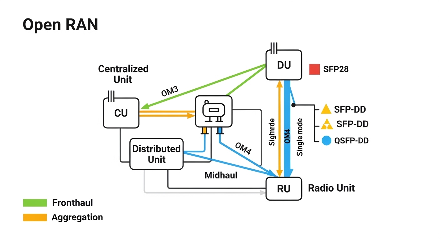 Clean vector illustration of an Open RAN network diagram with colored arrows labeled fronthaul, midhaul, and aggregation; sma