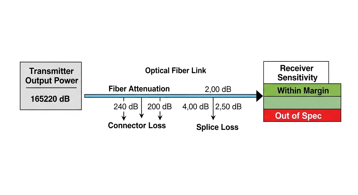 Clean engineering infographic illustration showing a 400G optical link power budget diagram: transmitter output power, fiber 