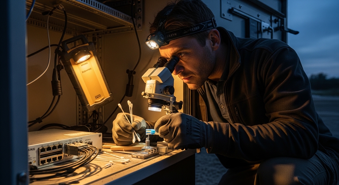 Moody lifestyle scene inside an outdoor telecom cabinet at dusk, showing a ruggedized network engineer using a fiber inspecti