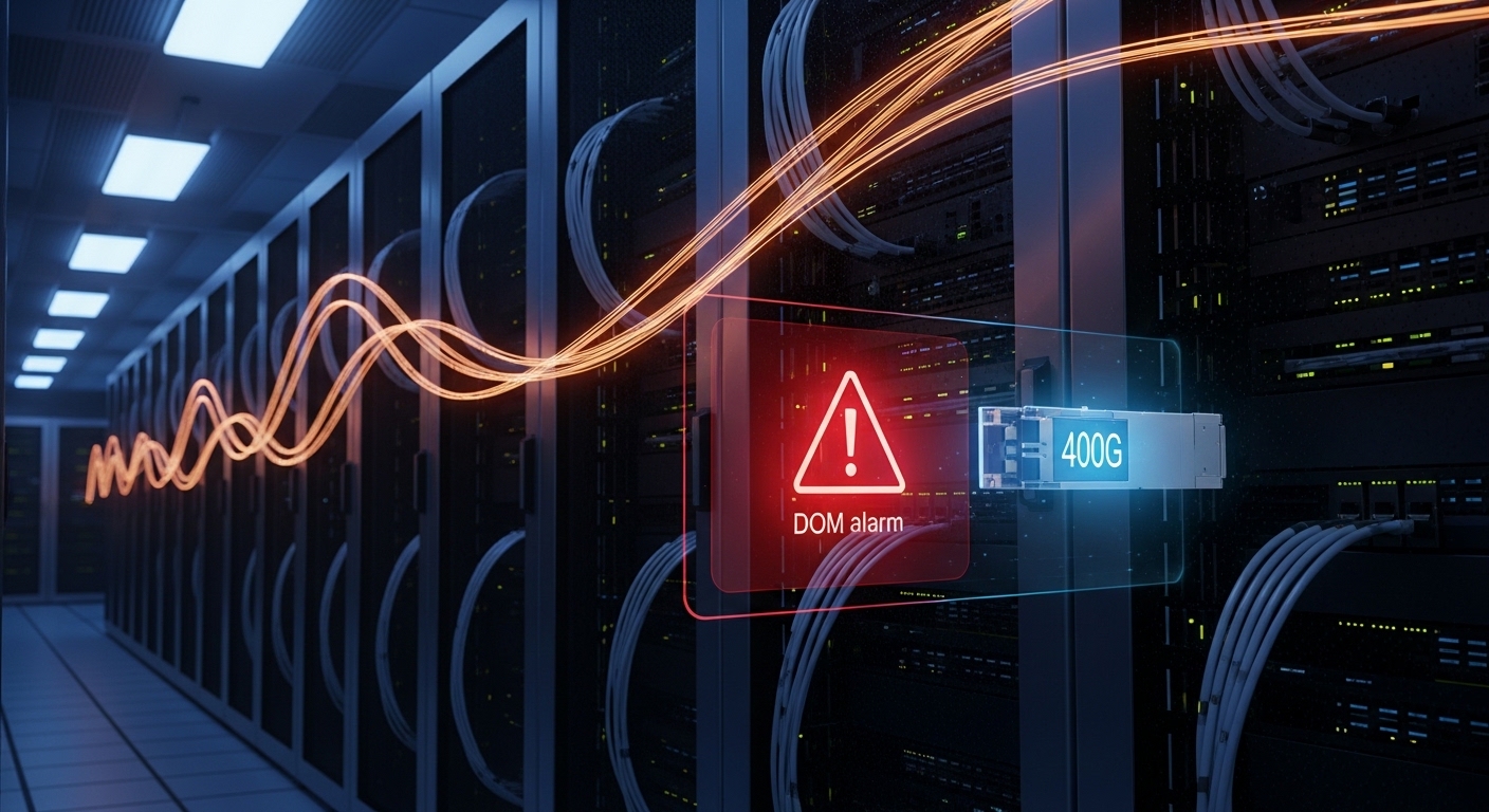 Concept art style scene of a data center aisle at night, with glowing fiber lines represented as light trails between racks; 