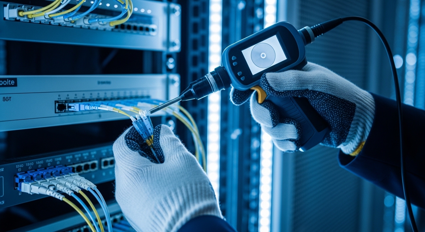 Photorealistic close-up of a network rack technician in a cool data center aisle, holding a handheld fiber inspection scope t
