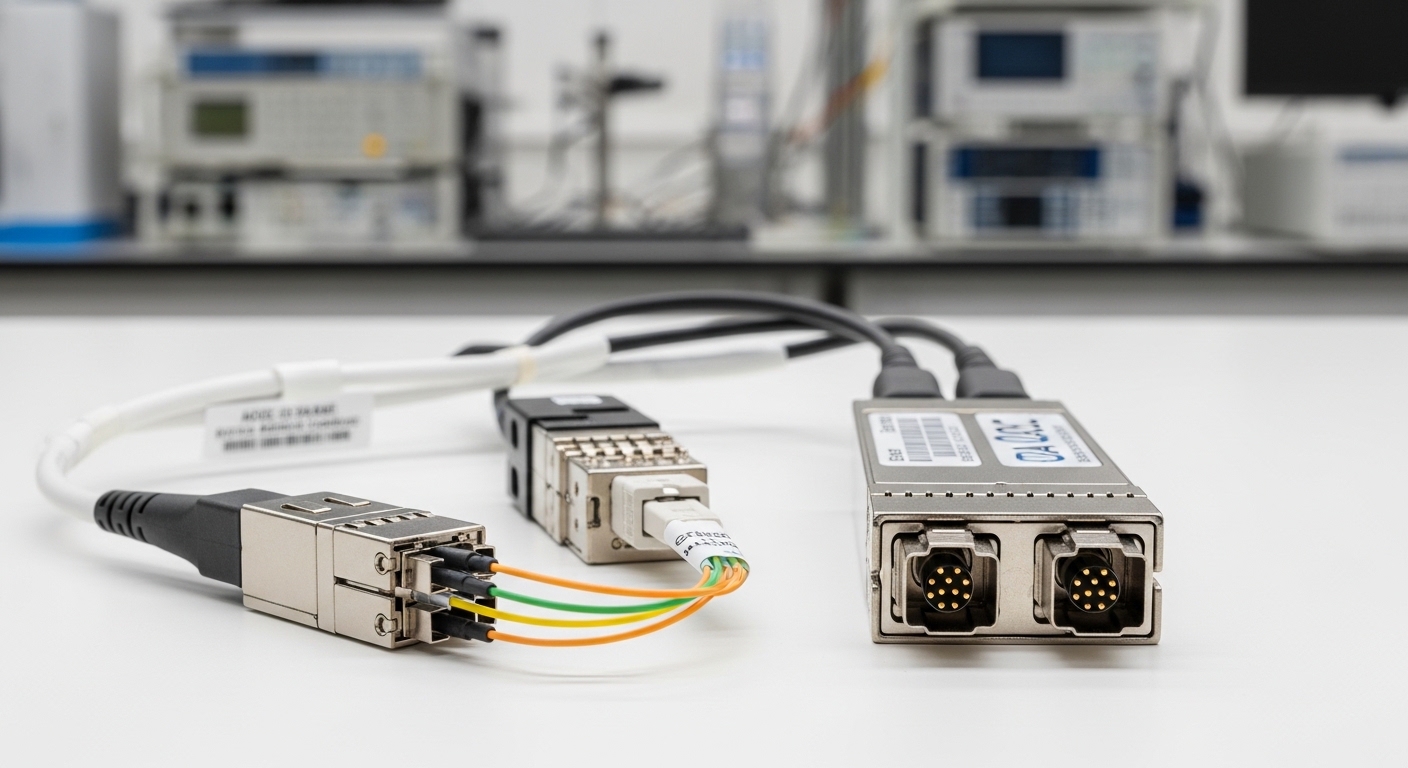Hyper-realistic product photography of two 400G transceiver assemblies on a clean lab bench—left: short active optical cable 