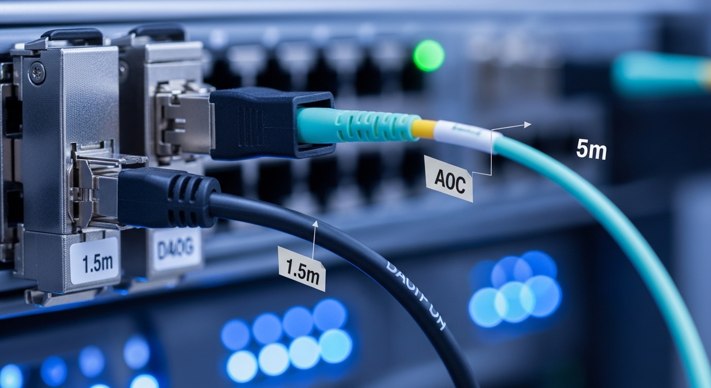 Close-up photography of two 400G transceiver cages on a server switch, one connected to a short twinax DAC cable and the othe