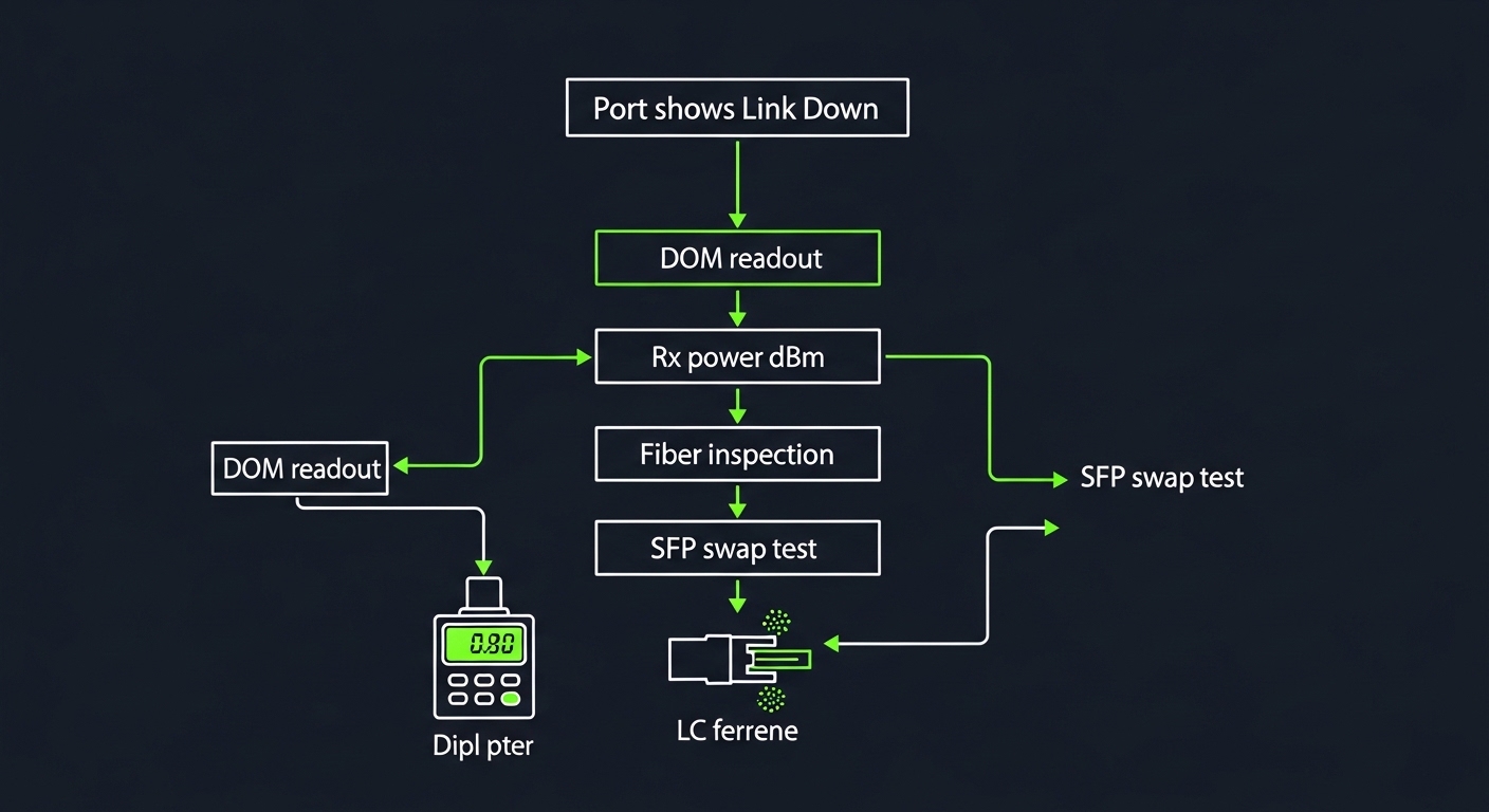 Minimalist technical illustration of a layered diagnostic flowchart labeled with arrows from “Port shows Link Down” to “DOM r
