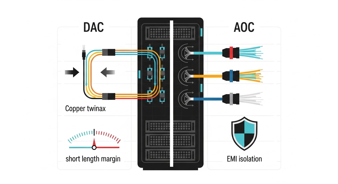 Clean vector illustration showing a rack with two lanes—left side labeled DAC with copper twinax routing arrows and a “short 