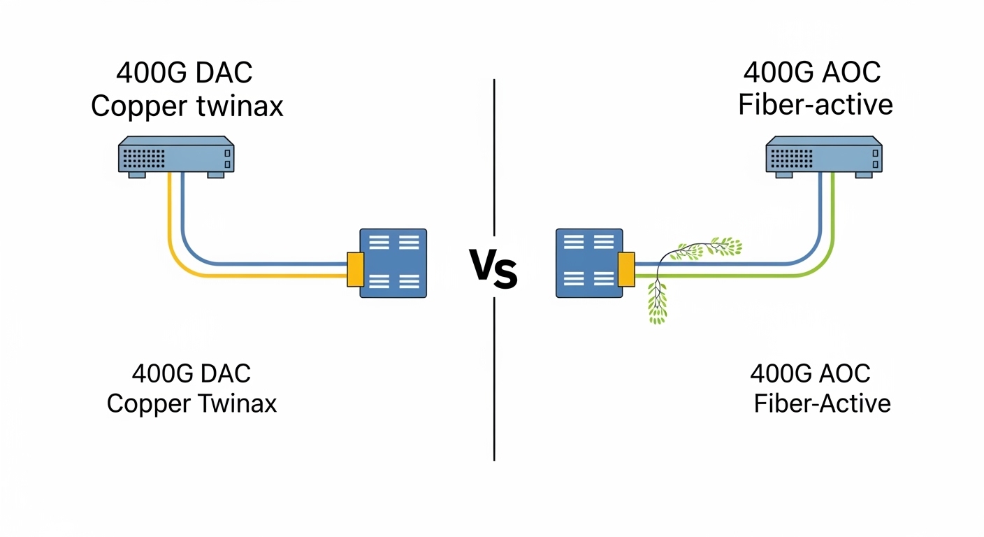 Vector illustration comparing a 400G DAC copper twinax path versus a 400G AOC fiber-active path; clean diagram style, split-s
