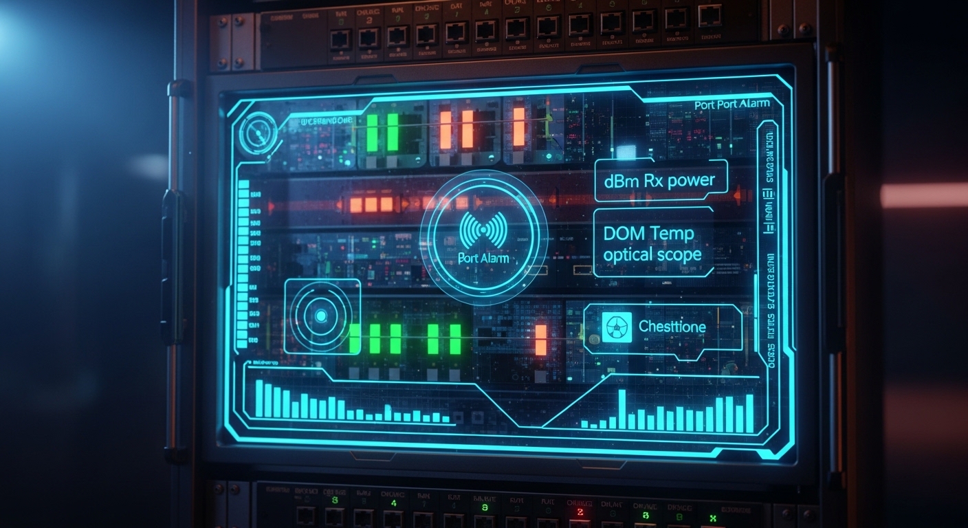 Concept-art style scene of a dashboard showing blinking port alarms on a rack monitor, with overlay icons for “dBm Rx power,”