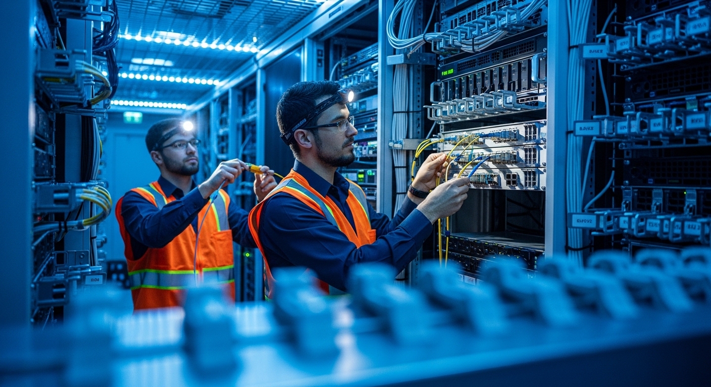 Lifestyle-style scene inside a modern data center aisle—engineers in safety vests and headlamps installing either twinax DAC 