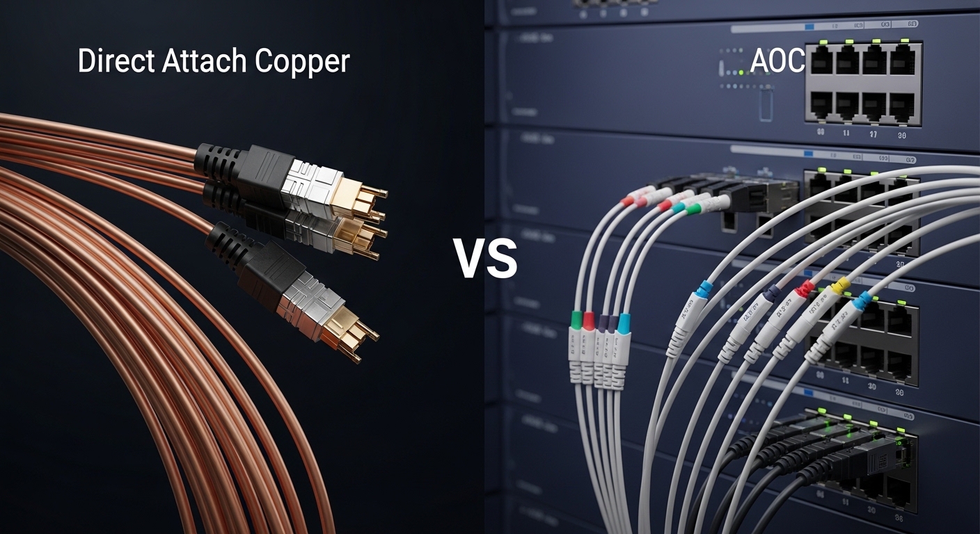 Cinematic editorial photograph of 400G networking, Choosing DAC vs AOC: Best Practices for 400G Network Deployments, dramatic