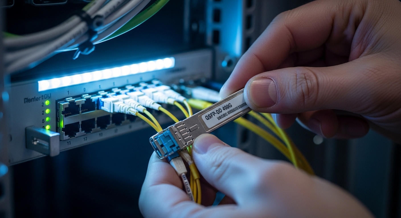 A realistic photography scene inside a small data center rack, a network engineer installing a QSFP-DD 400G transceiver into 
