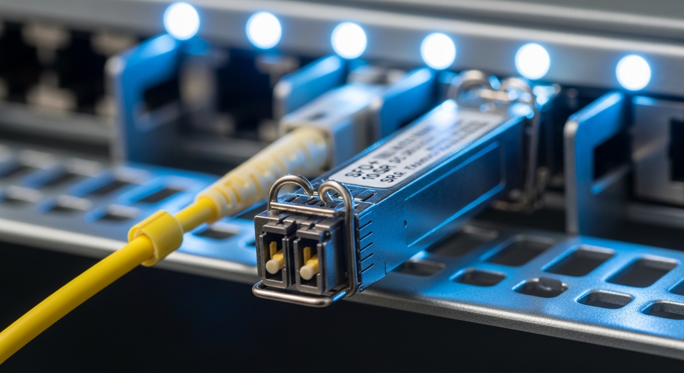 Close-up macro photography of an SFP+ 10G SR optical module seated halfway into a metal switch cage, LC connector visible, fi