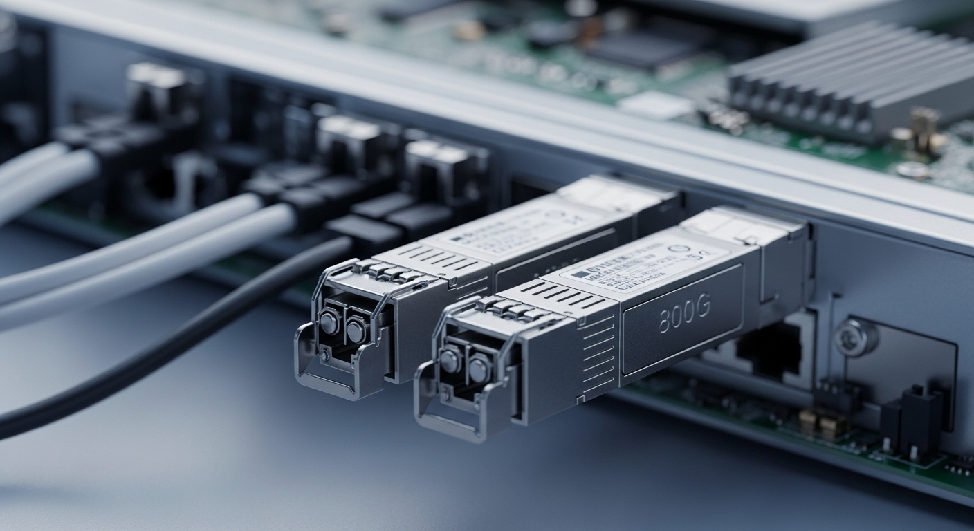 Macro photography of two pluggable 800G optical transceivers on an open network switch chassis, showing fiber connectors and 