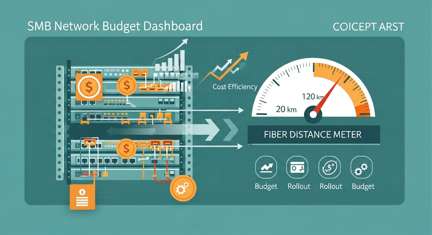 Concept art illustration of an SMB network budget dashboard, showing a rack diagram overlaid with cost-efficiency icons, arro