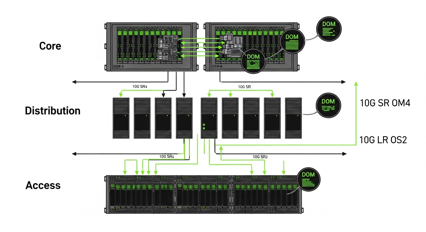 Vector illustration concept art showing a 3-tier network diagram with racks, arrows labeled “10G SR OM4” and “10G LR OS2,” an