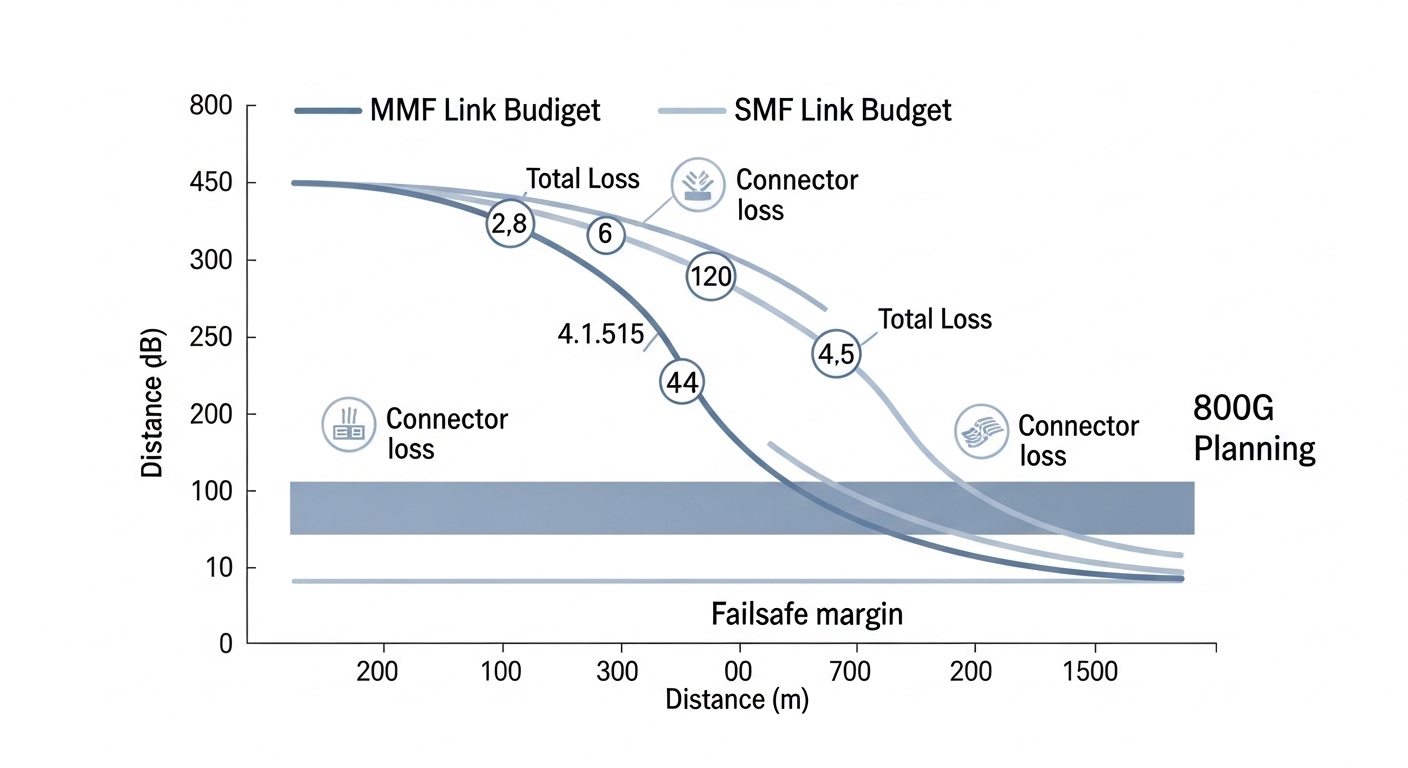 Clean vector illustration comparing MMF vs SMF fiber link budgets for 800G planning, with labeled attenuation curves, connect